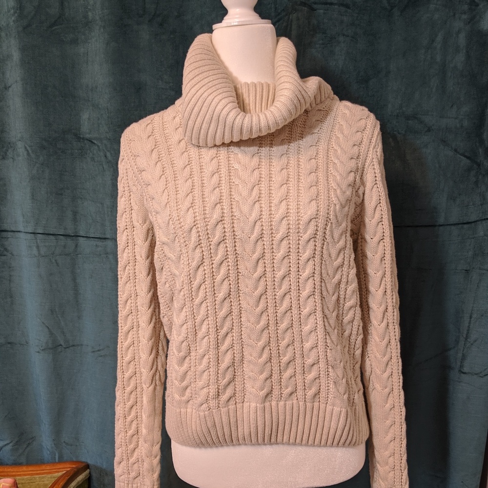 Cable Knit Cowl Neck Sweater 100% Cotton Size L